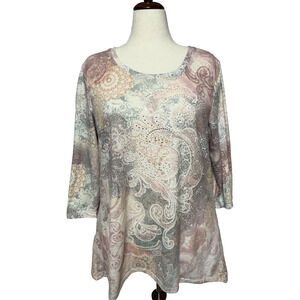 Chicos Zenergy Top XL 3 Cream Pink Embellished Shark Bite Hem Stretch Career